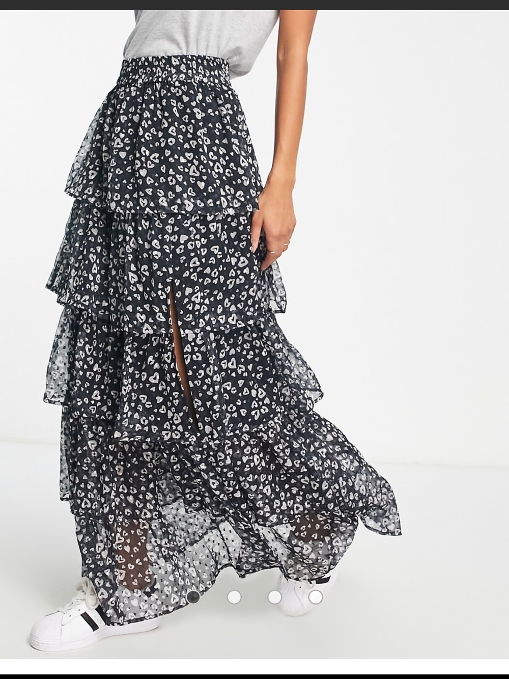 Miss Selfridge chiffon tiered maxi skirt in heart animal